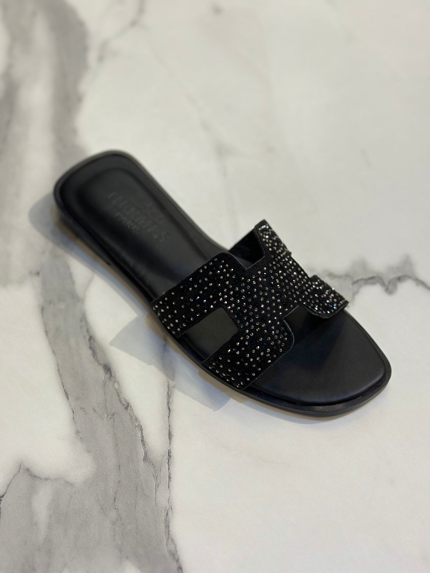 Black Rhinestone H-Strap Luxury Slide Slippers