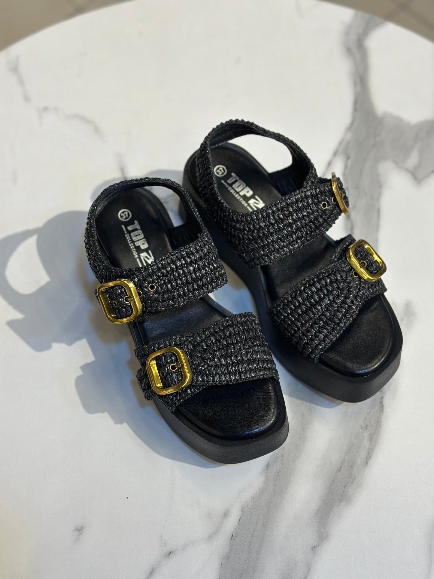 Raffia Platform Sandals with Gold Buckles
