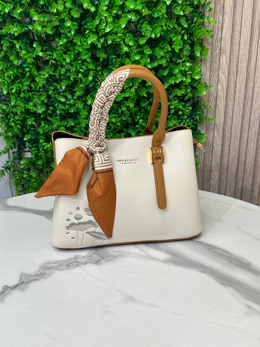 Elegant Top-Handle Bag with Floral Embroidery & Twilly Scarf
