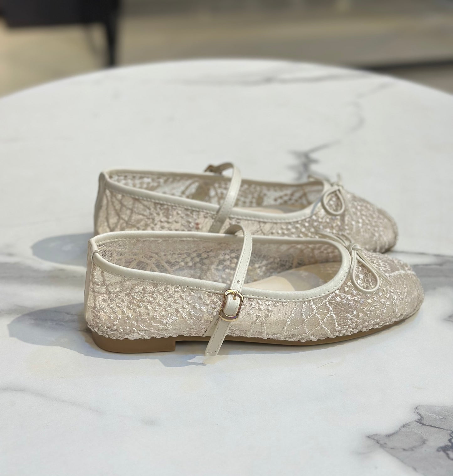 Lace Glitter Ballet Flats with Bow & Ankle Strap