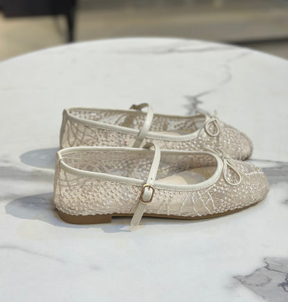 Lace Glitter Ballet Flats with Bow & Ankle Strap