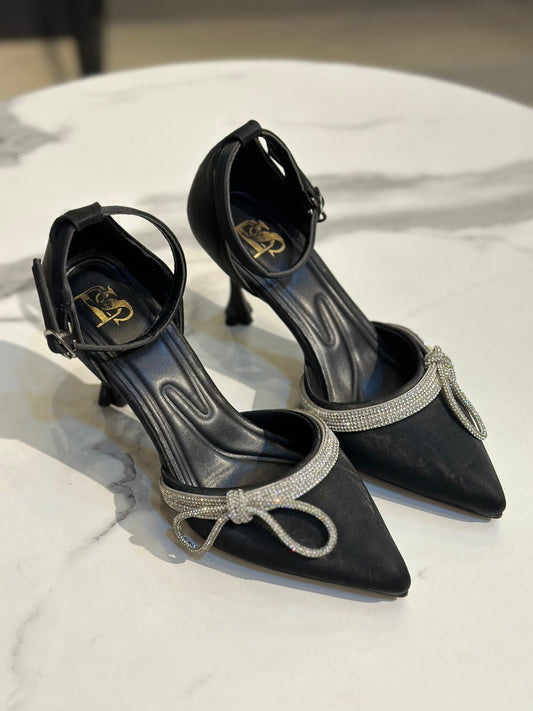 Crystal Bow Pointed Heel Pumps 7 cm