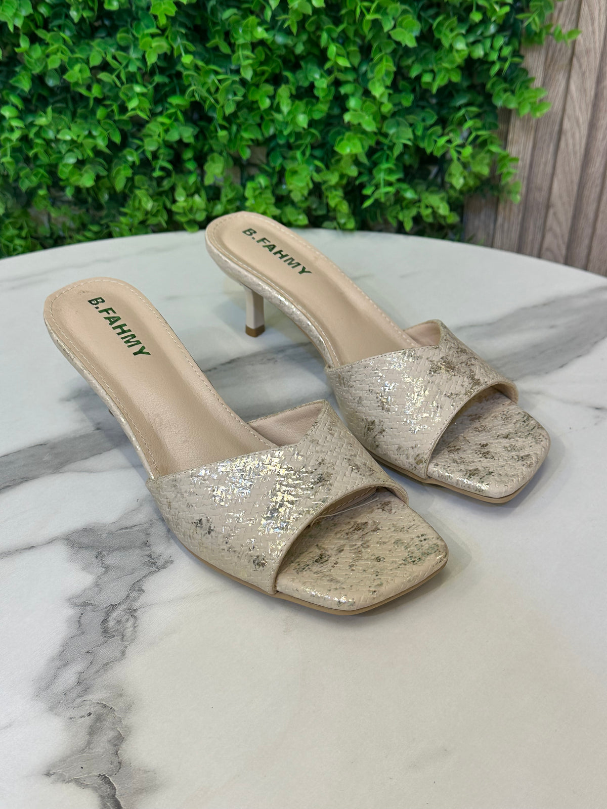 V-Strap Heeled Sandal — Textured Stone-Print Upper