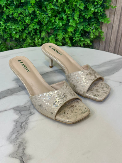 V-Strap Heeled Sandal — Textured Stone-Print Upper