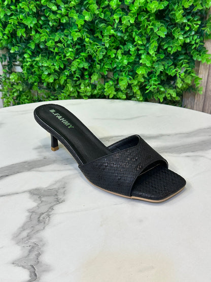 V-Strap Heeled Sandal — Textured Stone-Print Upper