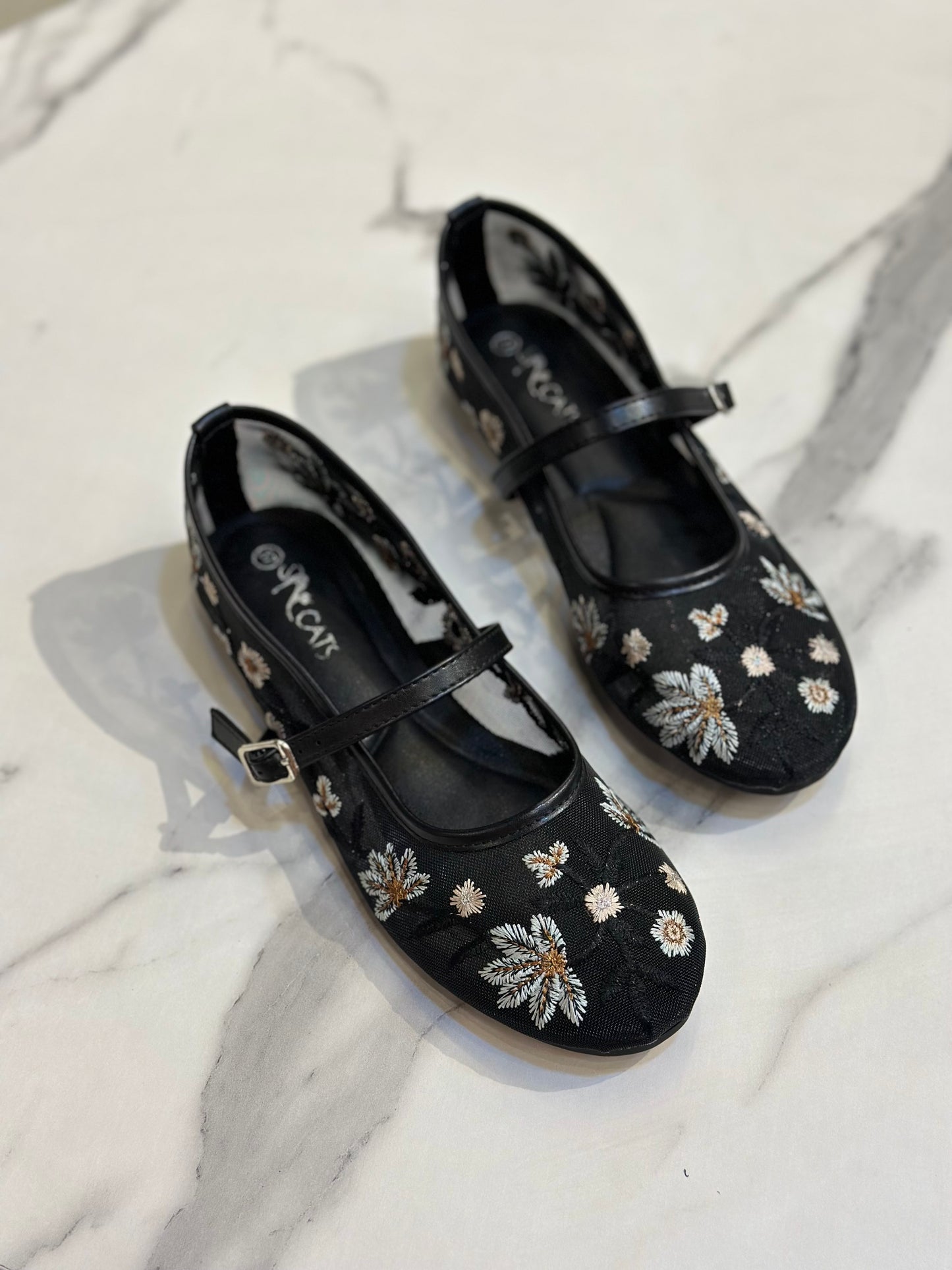Floral Embroidered Mesh Mary Jane Flats
