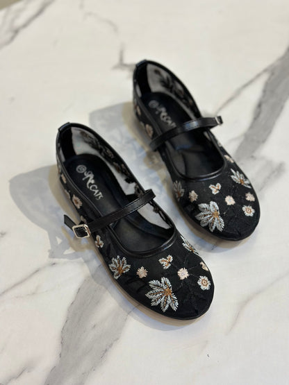 Floral Embroidered Mesh Mary Jane Flats