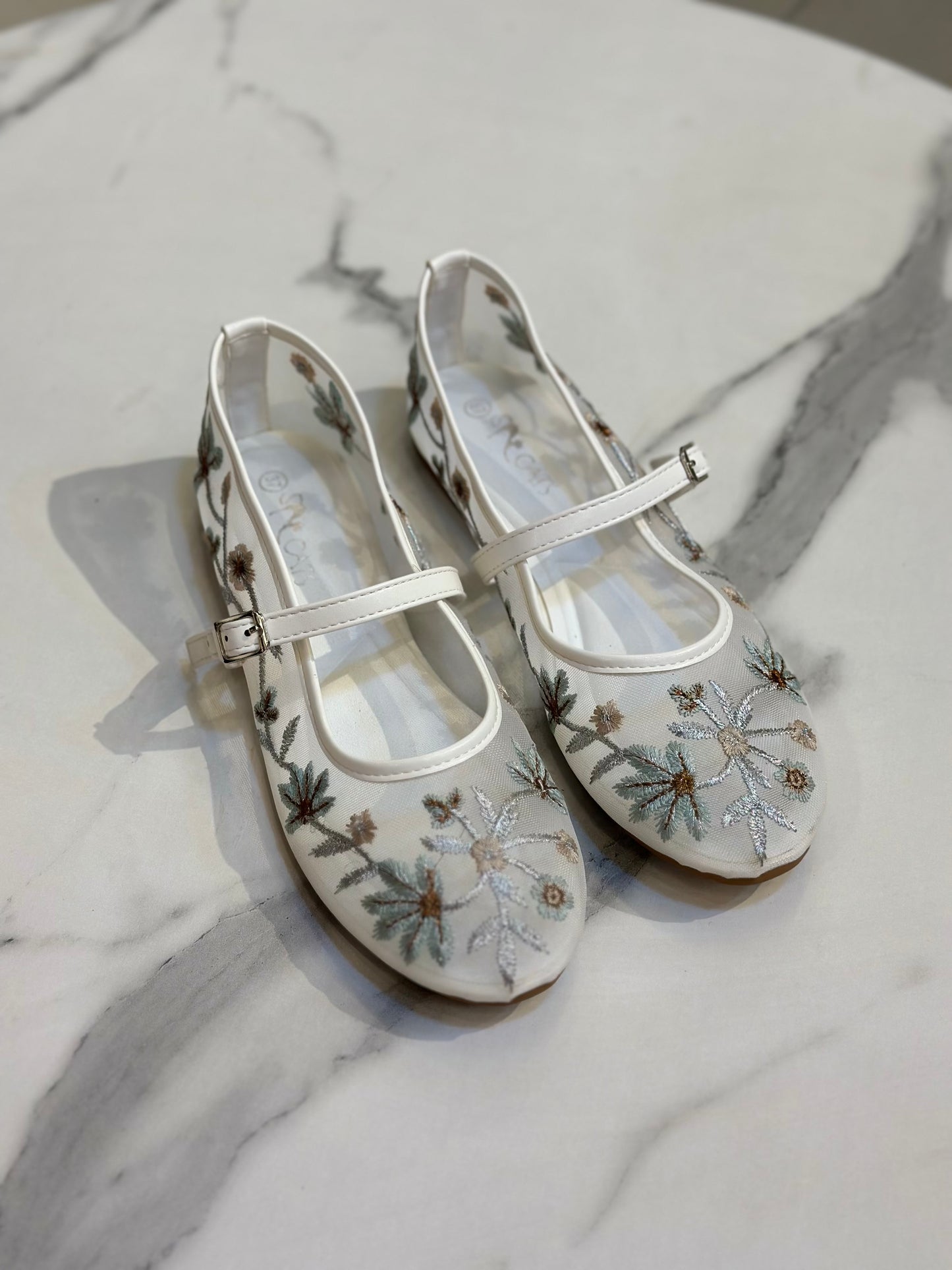 Floral Embroidered Mesh Mary Jane Flats