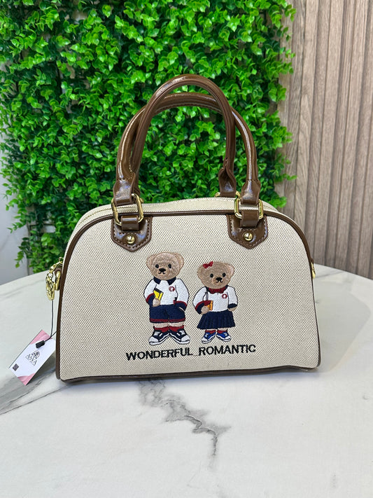 Embroidered Bear Detail Structured Top Handle Bag