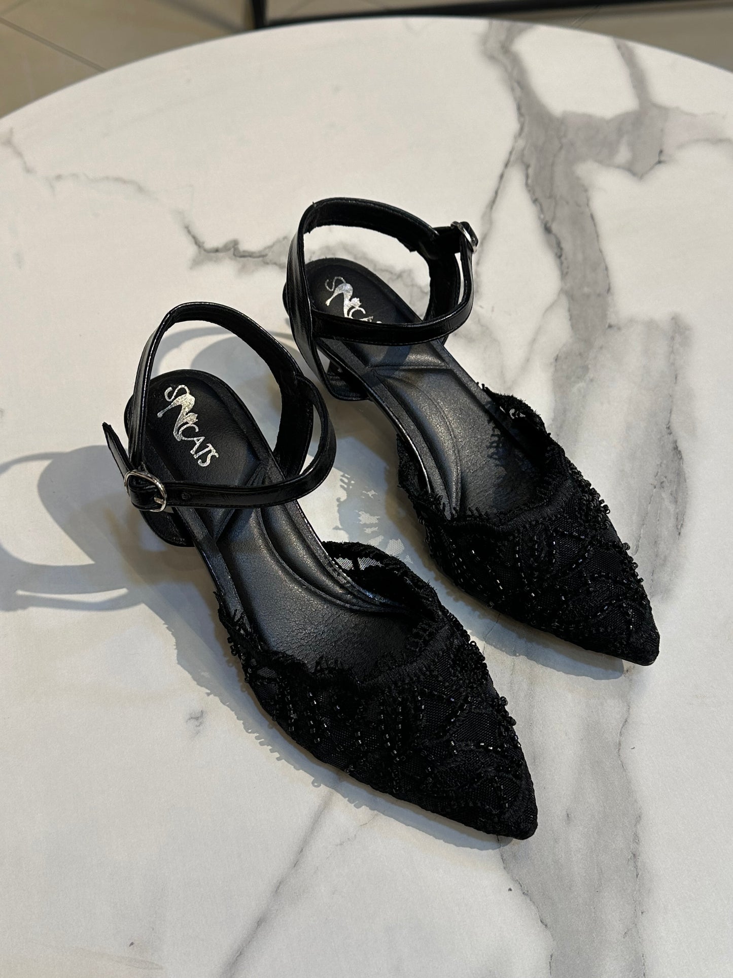 Floral Lace Embellished 3cm Heels – Open Back Design