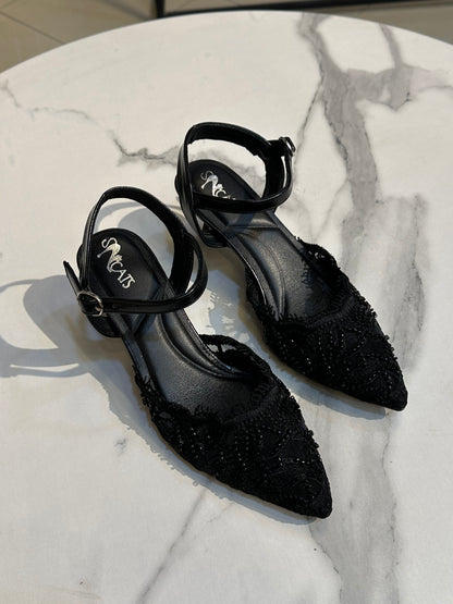 Floral Lace Embellished 3cm Heels – Open Back Design
