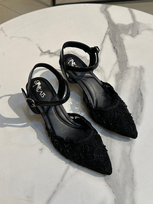 Floral Lace Embellished 3cm Heels – Open Back Design