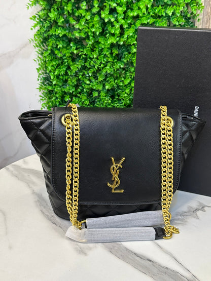 Black Quilted Leather Flap Shoulder Bag with Gold Chain Strap