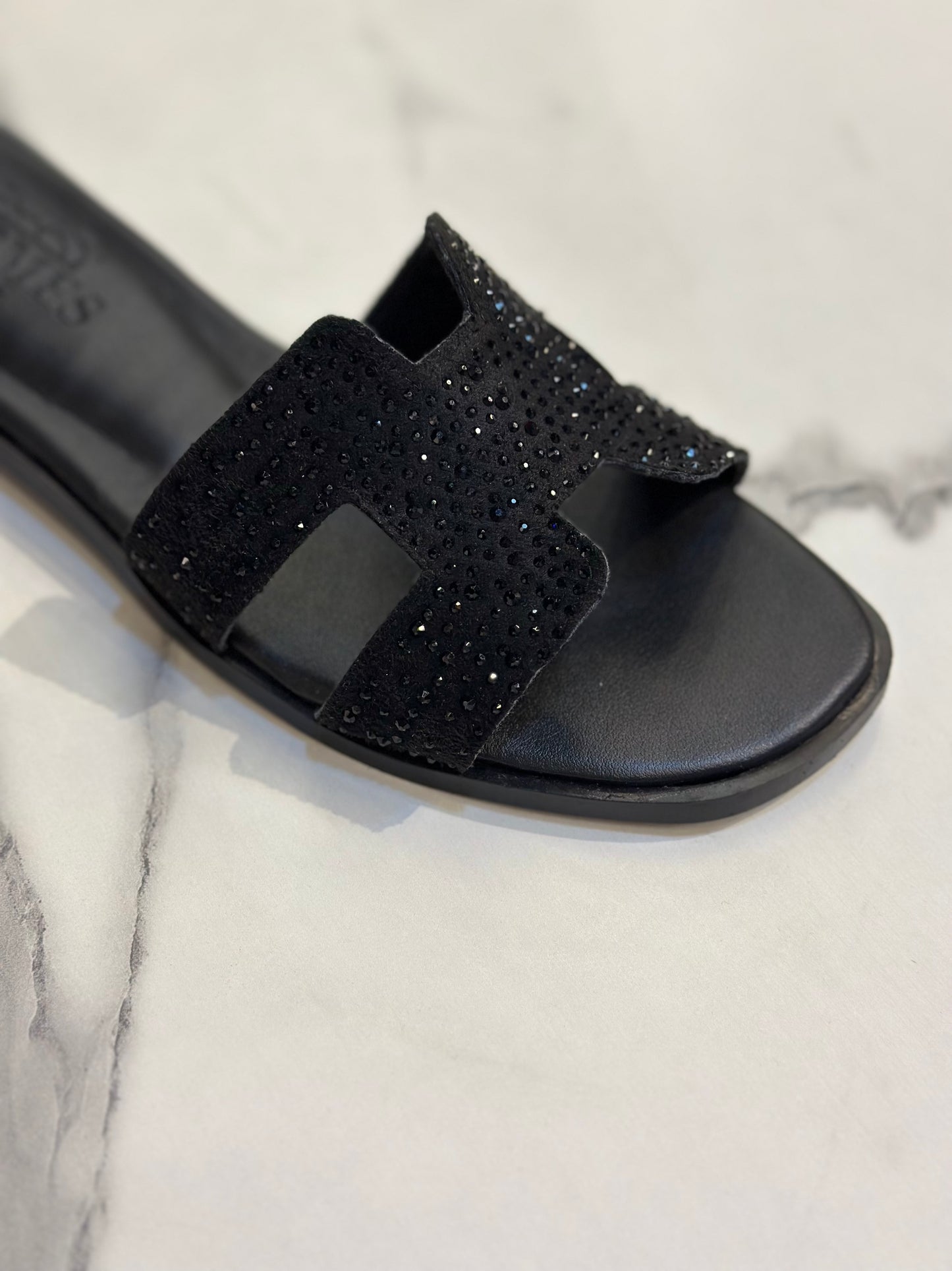 Black Rhinestone H-Strap Luxury Slide Slippers