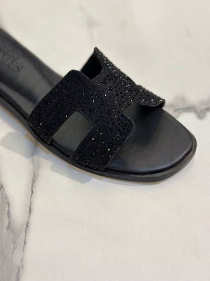 Black Rhinestone H-Strap Luxury Slide Slippers