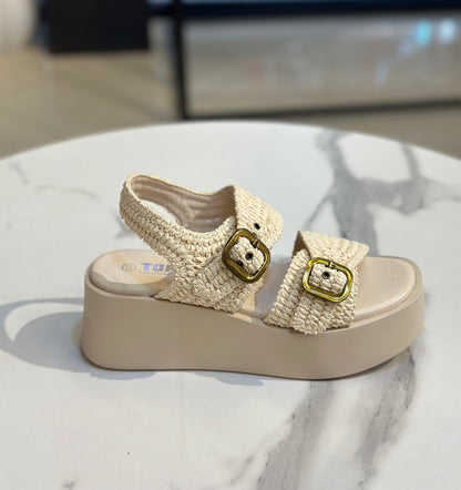 Raffia Platform Sandals with Gold Buckles
