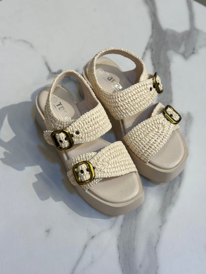 Raffia Platform Sandals with Gold Buckles