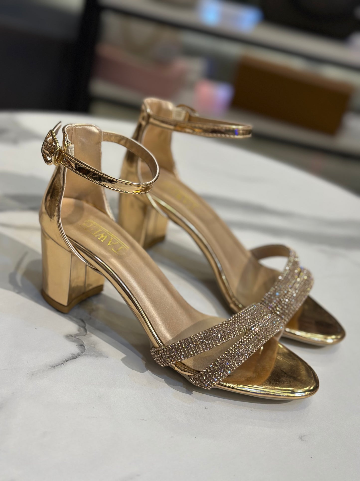 Rhinestone Block Heel Sandals with Ankle Strap