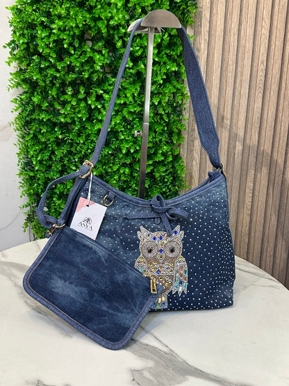 Denim Hobo Bag with Crystal Owl Design & Detachable Pouch