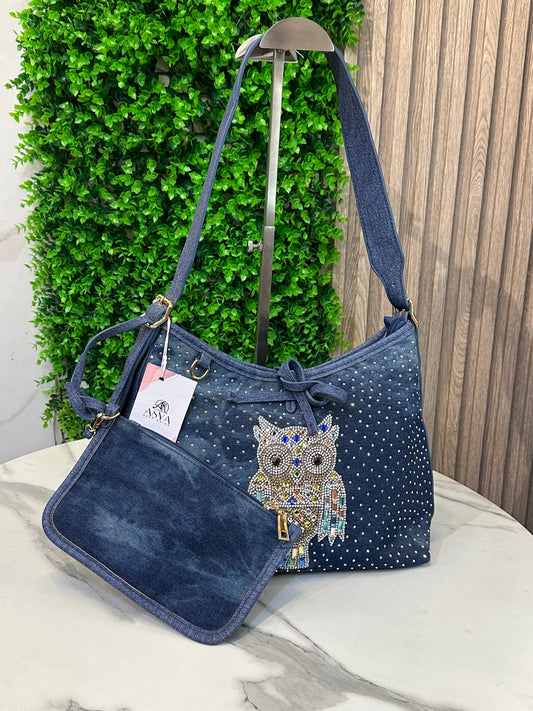 Denim Hobo Bag with Crystal Owl Design & Detachable Pouch