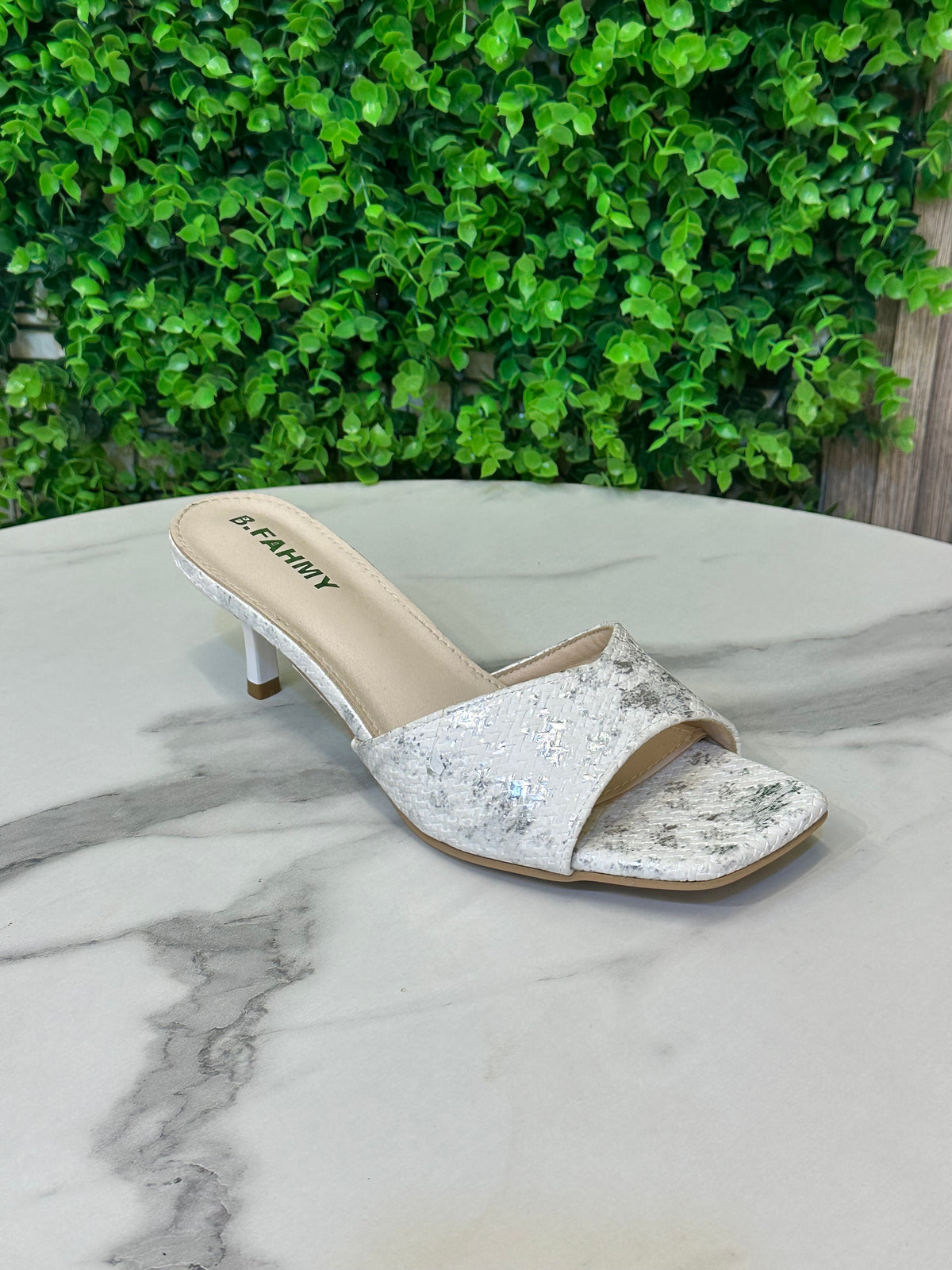 V-Strap Heeled Sandal — Textured Stone-Print Upper