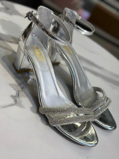 Rhinestone Block Heel Sandals with Ankle Strap