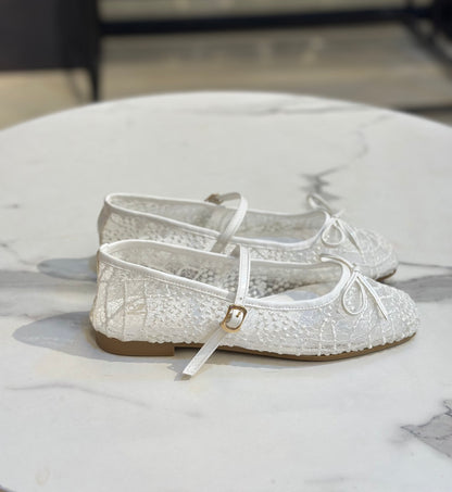 Lace Glitter Ballet Flats with Bow & Ankle Strap