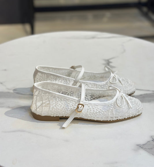 Lace Glitter Ballet Flats with Bow & Ankle Strap