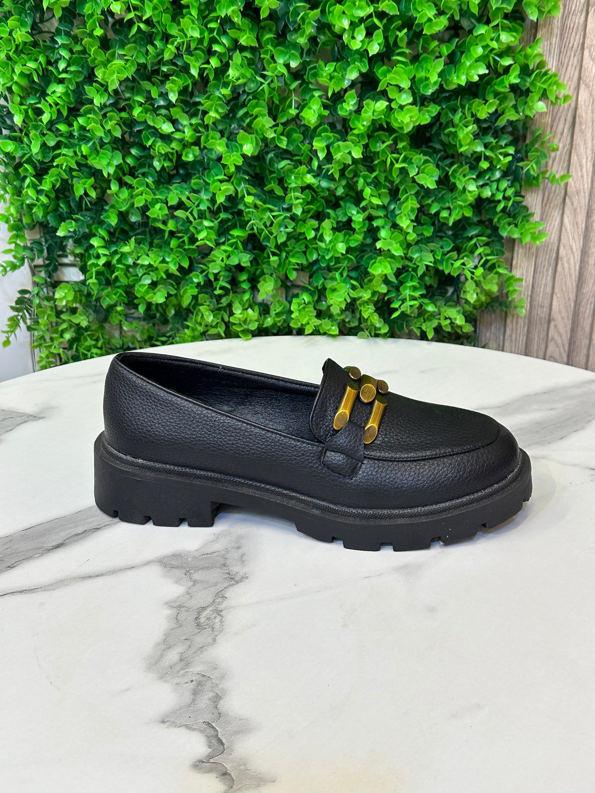 Chunky Sole Loafers with Gold Buckle Detail