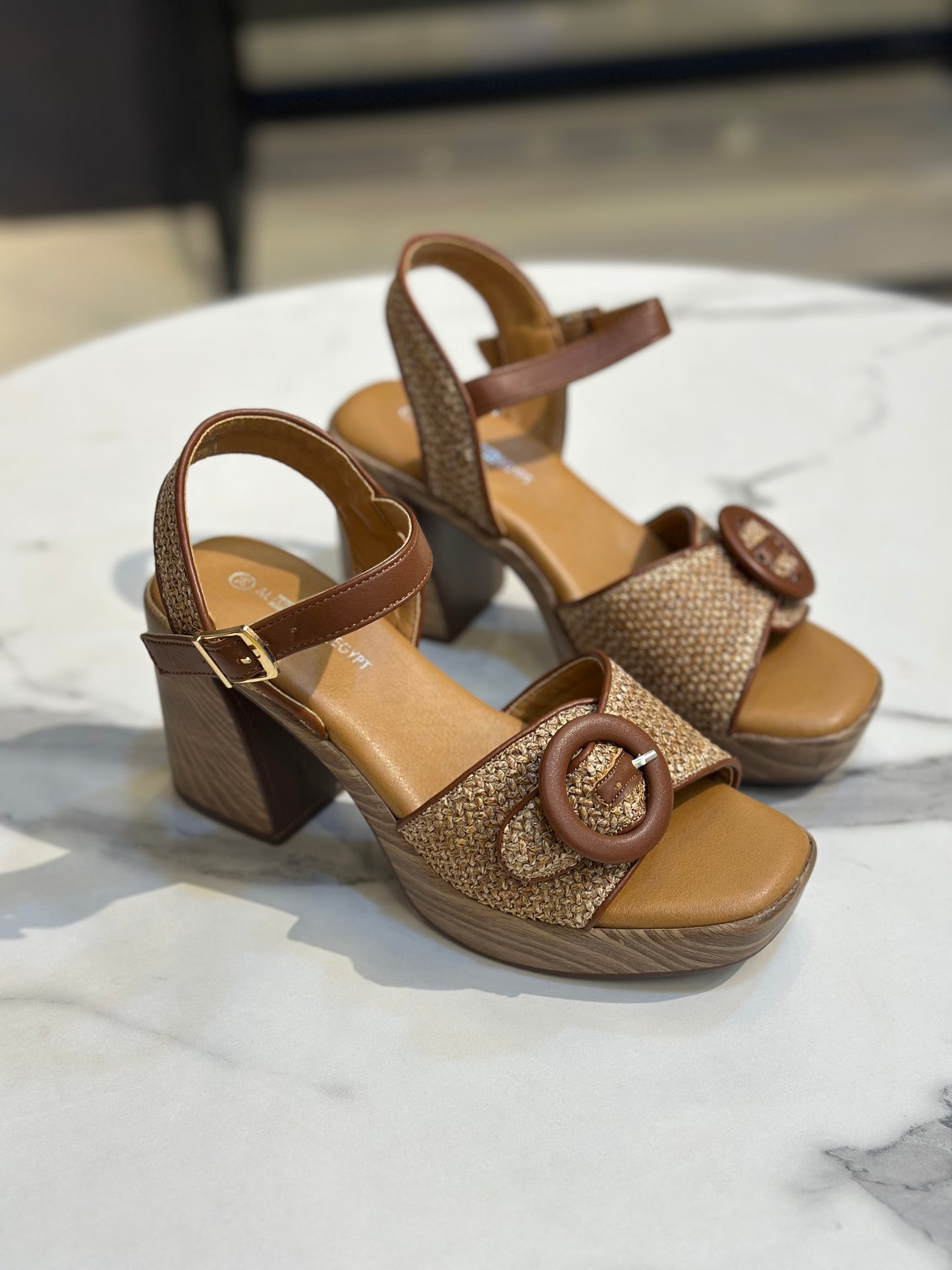 Woven Platform Heel Sandal with Buckle Detail