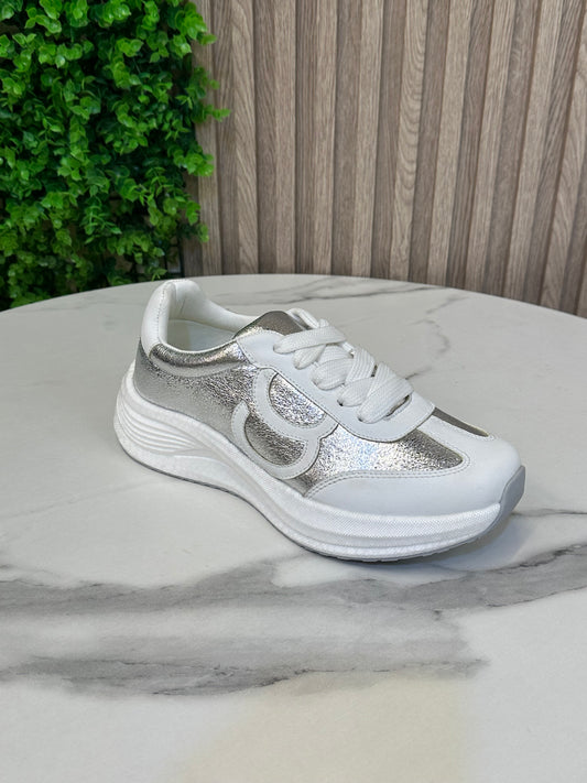 Chunky Platform Lace-Up Sneakers – Metallic Panel Design