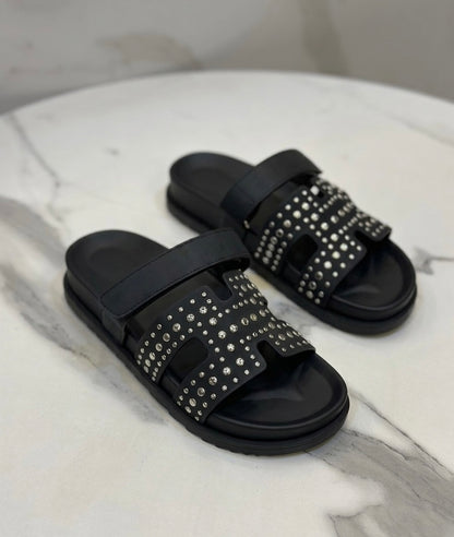 Studded Cutout Slide Sandals – Wide Strap Comfort Design