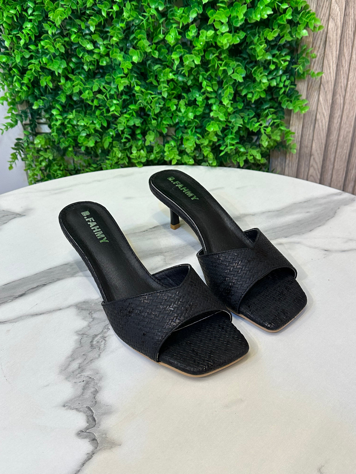 V-Strap Heeled Sandal — Textured Stone-Print Upper