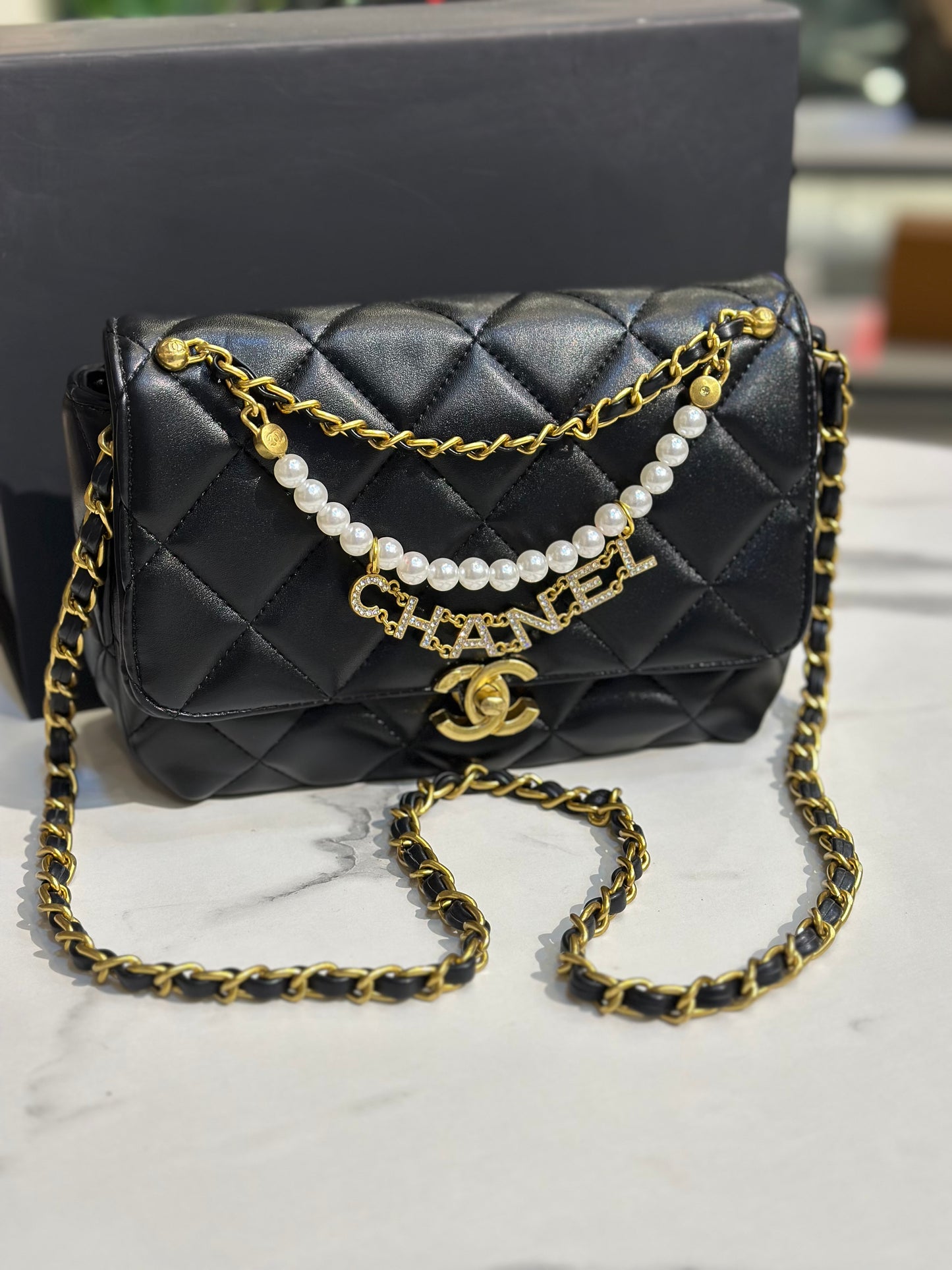 Chanel Quilted Flap Bag with Pearl Chain Strap & Box