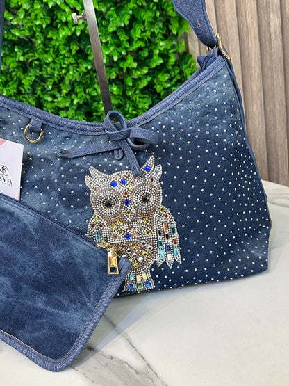 Denim Hobo Bag with Crystal Owl Design & Detachable Pouch