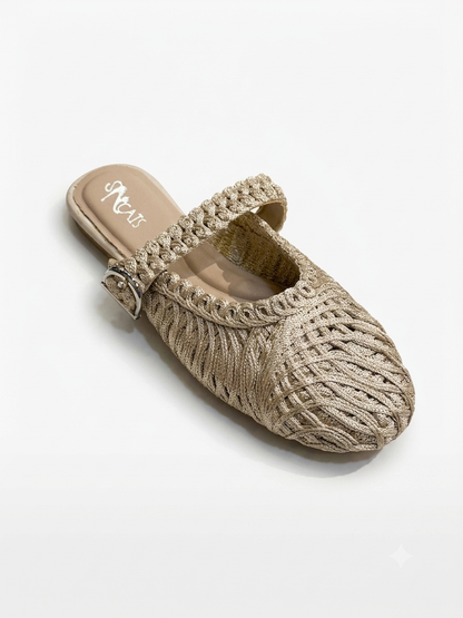 Woven Textured Buckle Mules