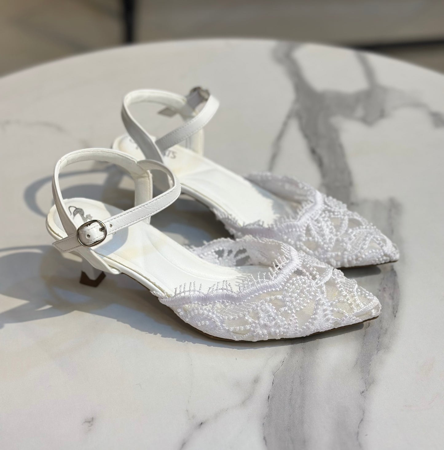 Floral Lace Embellished 3cm Heels – Open Back Design