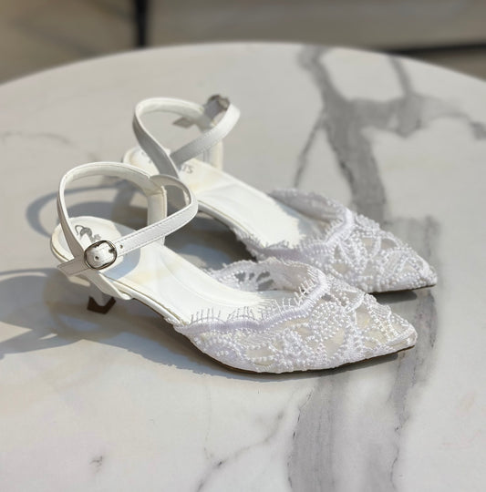 Floral Lace Embellished 3cm Heels – Open Back Design