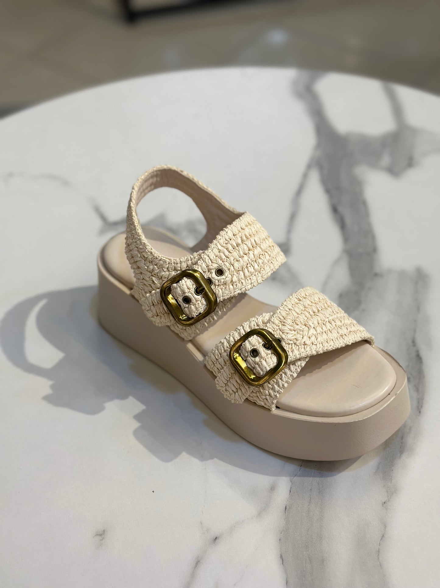 Raffia Platform Sandals with Gold Buckles