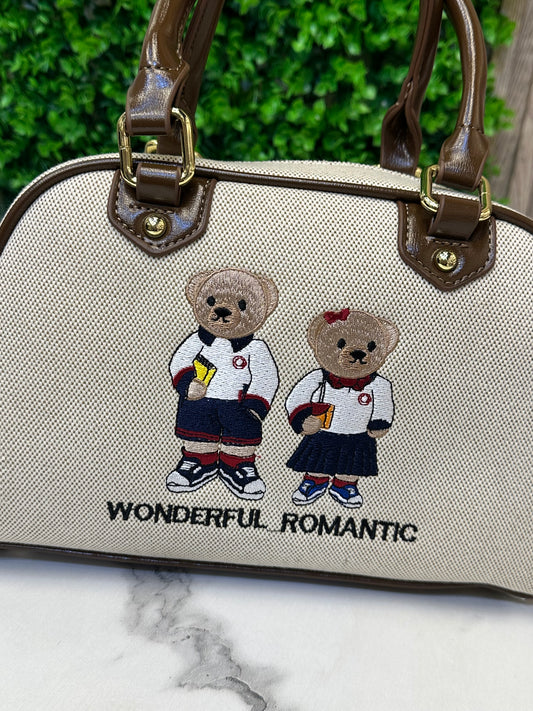 Embroidered Bear Detail Structured Top Handle Bag