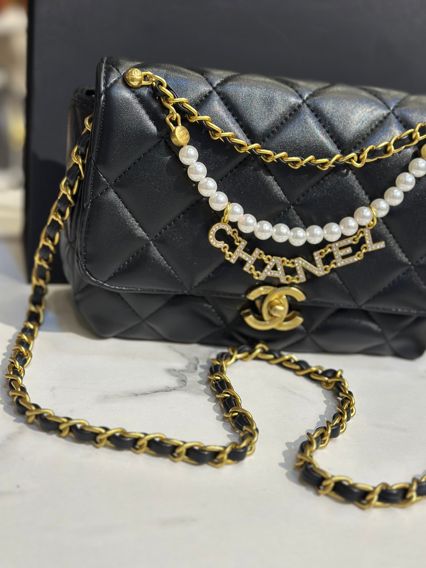 Chanel Quilted Flap Bag with Pearl Chain Strap & Box