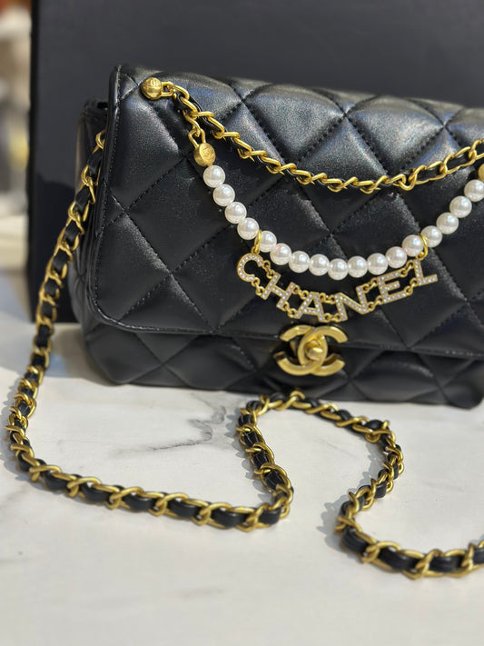 Chanel Quilted Flap Bag with Pearl Chain Strap & Box