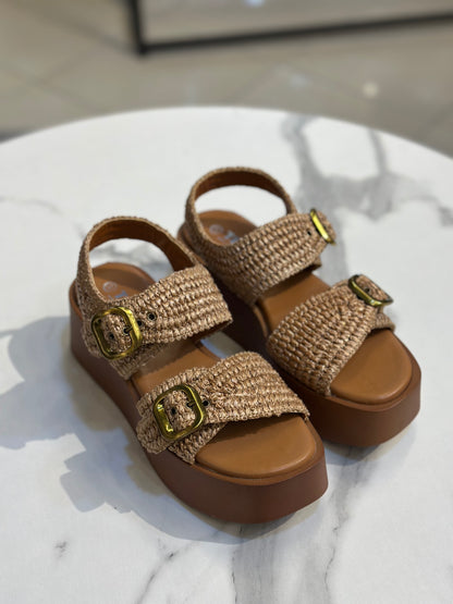Raffia Platform Sandals with Gold Buckles