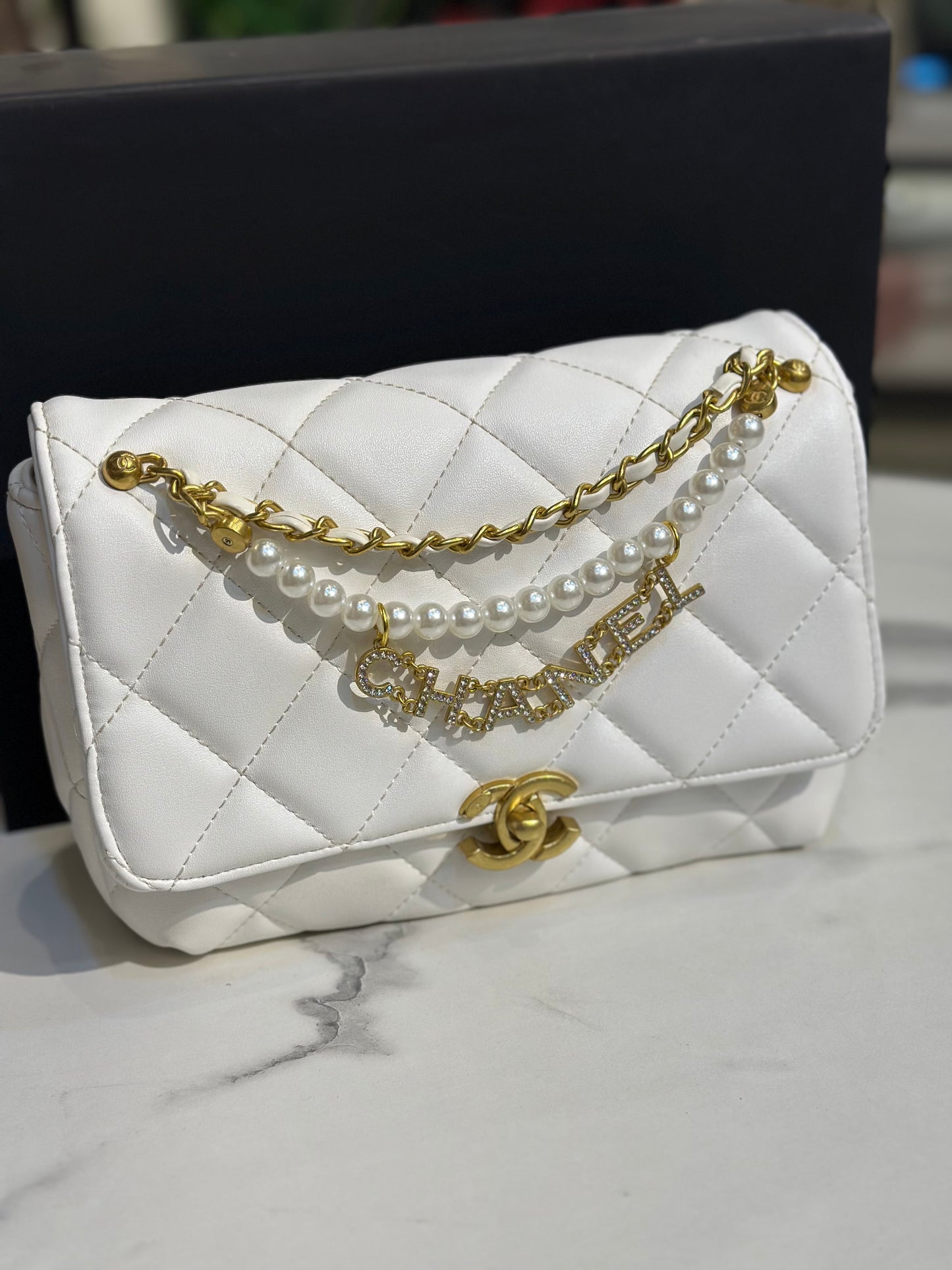 Chanel Quilted Flap Bag with Pearl Chain Strap & Box