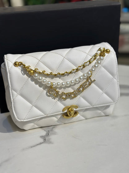 Chanel Quilted Flap Bag with Pearl Chain Strap & Box