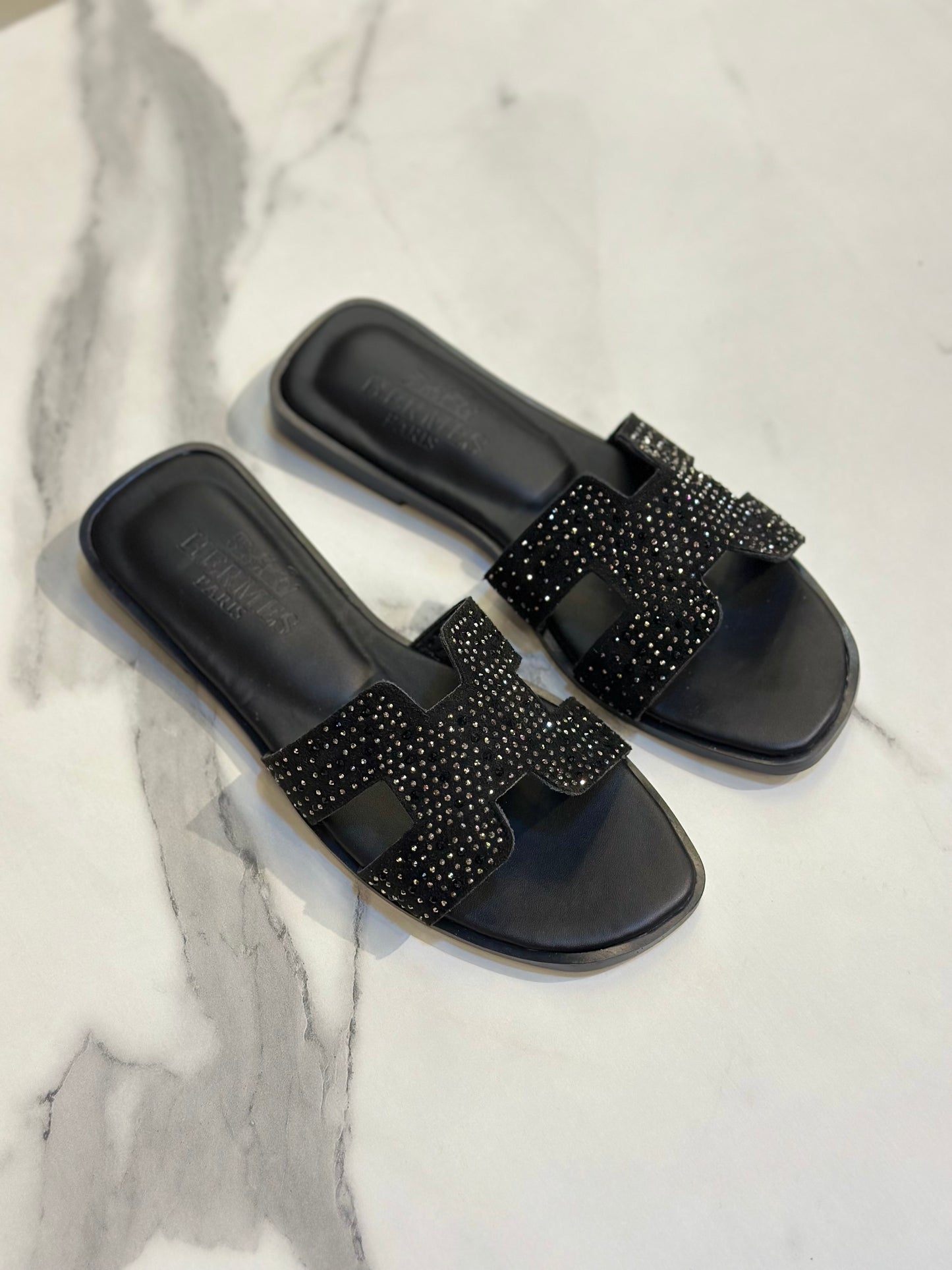 Black Rhinestone H-Strap Luxury Slide Slippers