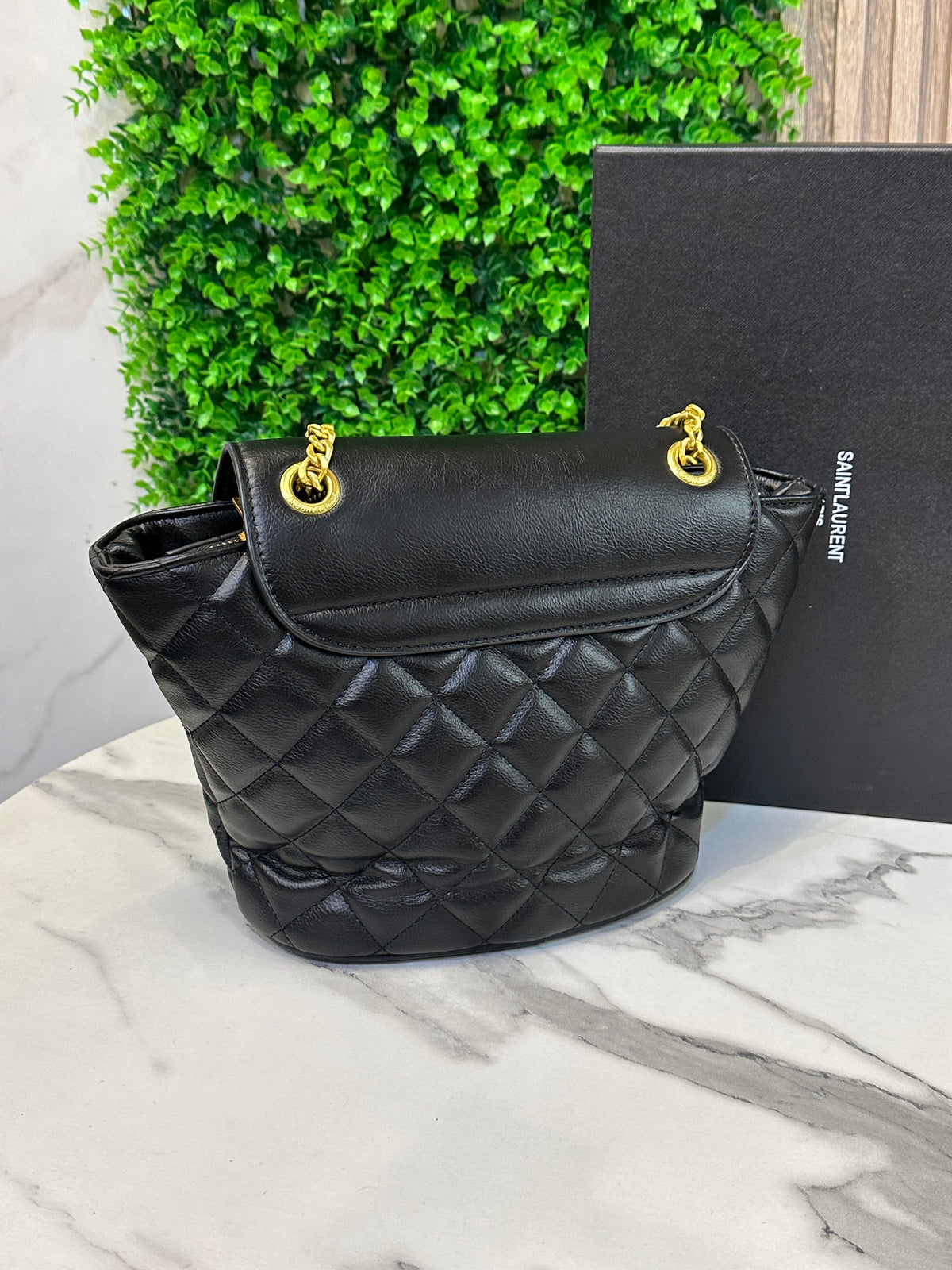 Black Quilted Leather Flap Shoulder Bag with Gold Chain Strap