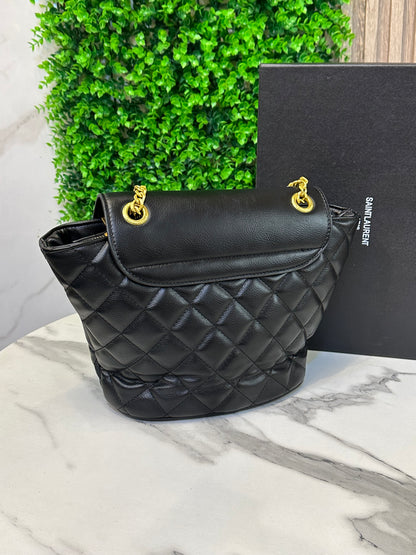 Black Quilted Leather Flap Shoulder Bag with Gold Chain Strap