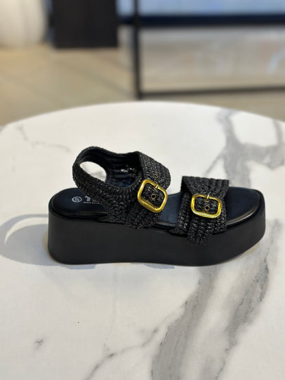 Raffia Platform Sandals with Gold Buckles