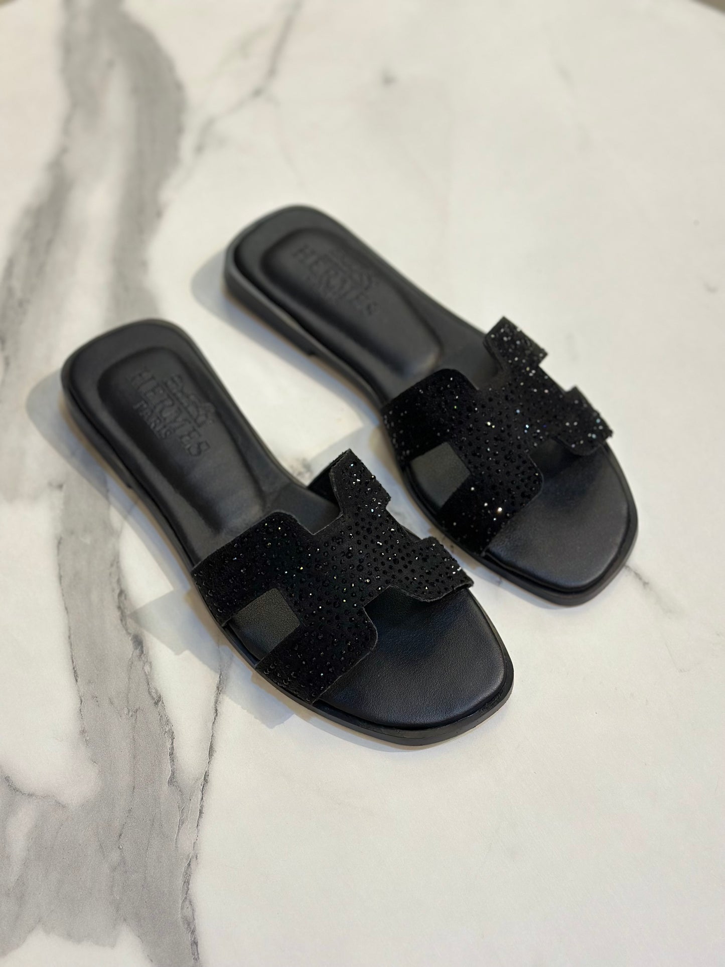 Black Rhinestone H-Strap Luxury Slide Slippers